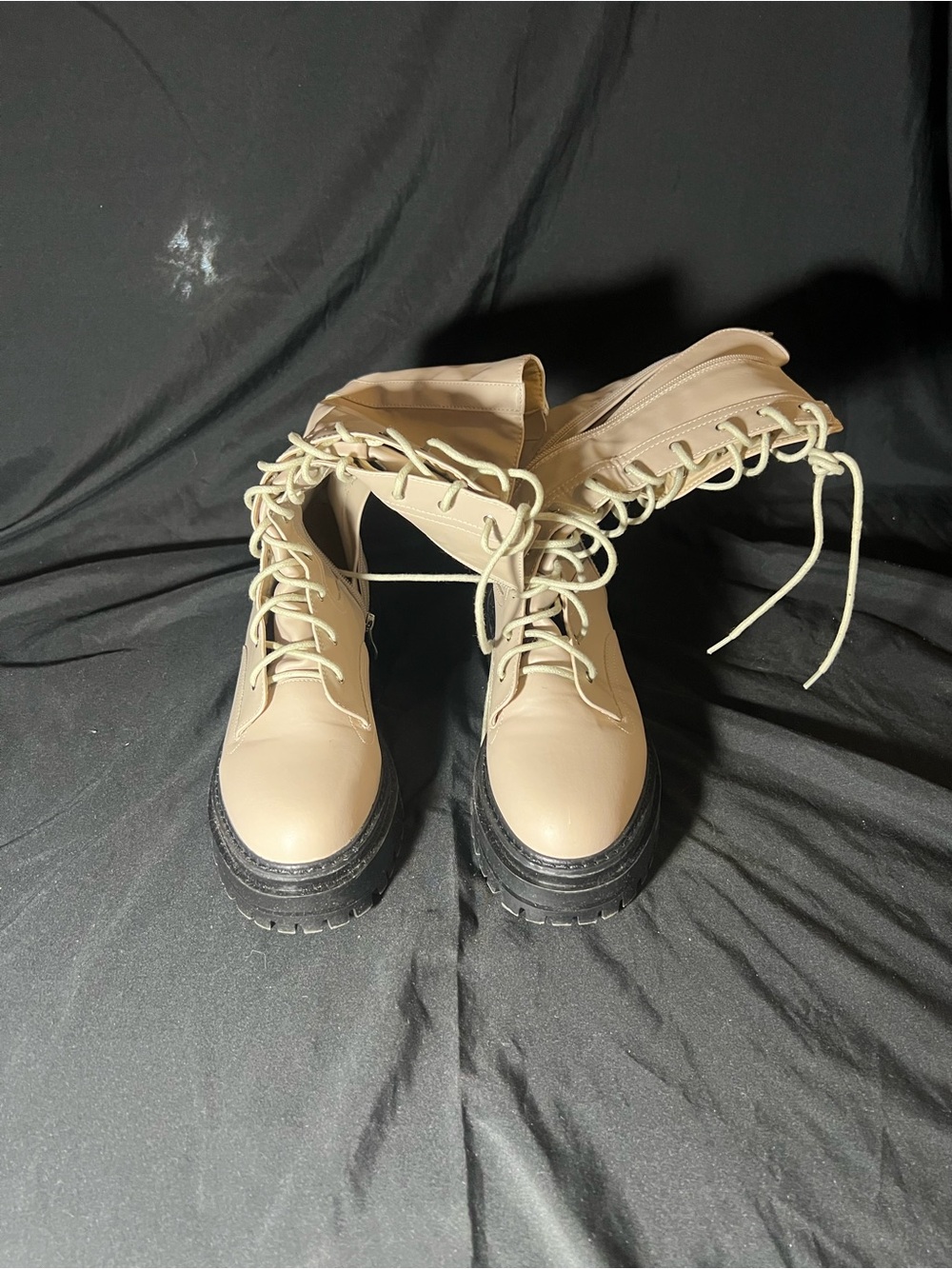 PrettyLittleThing Women’s Lace-Up Platform Combat Boots in Beige